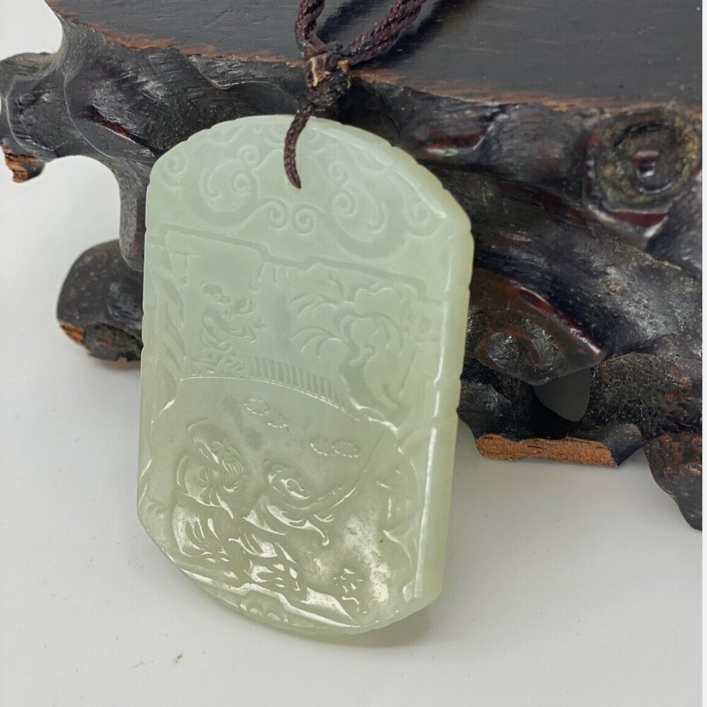 Chinese Hetian Jade Pendant w Deity, Fortune Kid, &Zi Gang Poem
